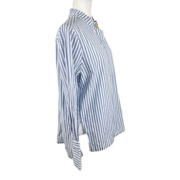 H&M Blouse Women 14 Blue White Vertical Striped Henley Long Sleeve Casual Top - Picture 4 of 14